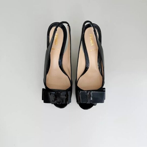 FENDI Women's Black Patent Leather Bow Platform Slingback Pumps Size 36.5 US 6.5 - Picture 2 of 12
